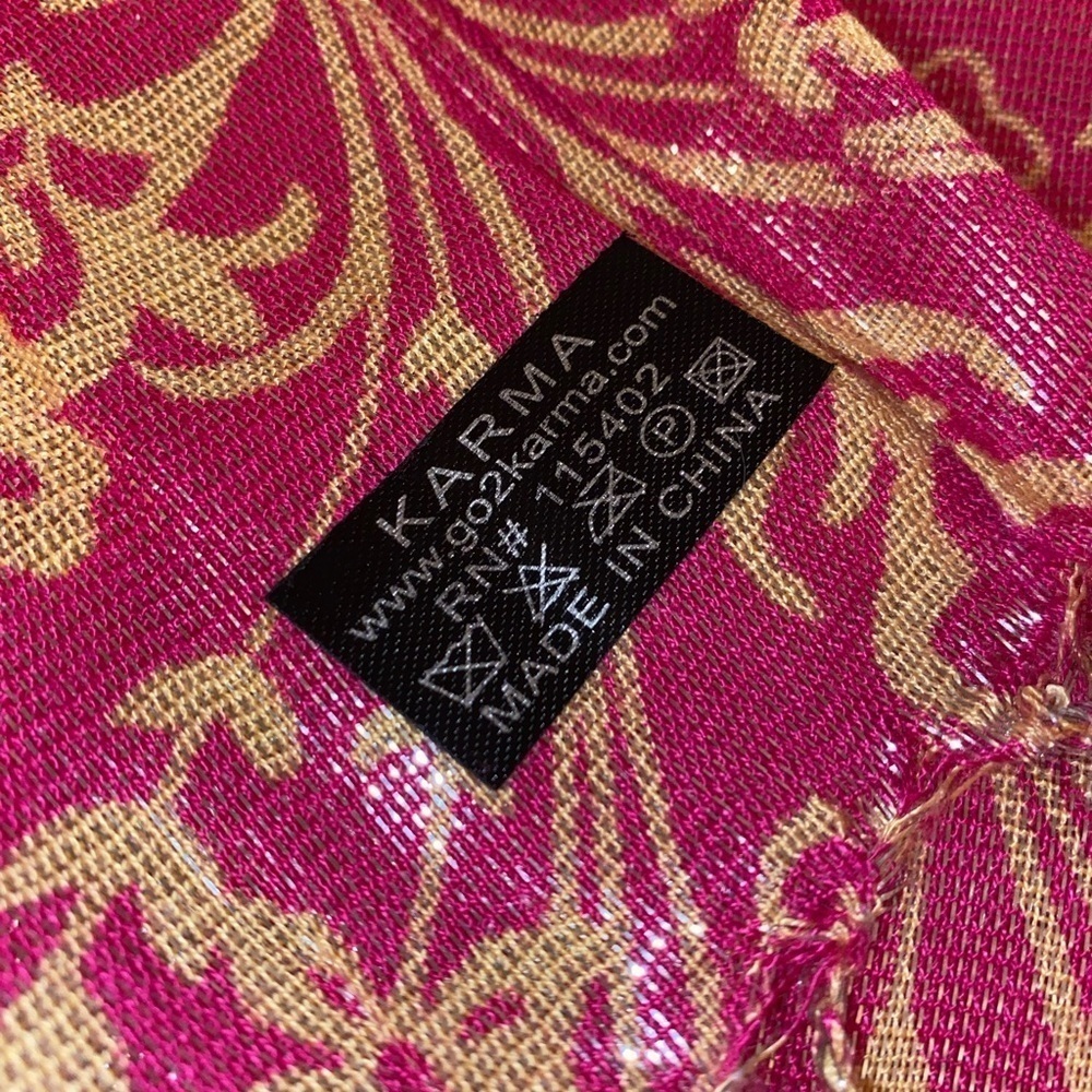 KARMA SCARF Shawl Wrap Fringe Paisley & Floral Pattern Pink and Beige 
74” x 23” - Picture 8 of 9